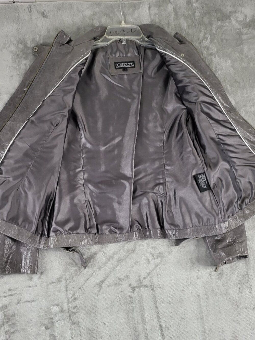 Vintage COLLEZIONE Genuine Leather Metallic Gray Moto Styling Jacket Size L - Picture 9 of 11